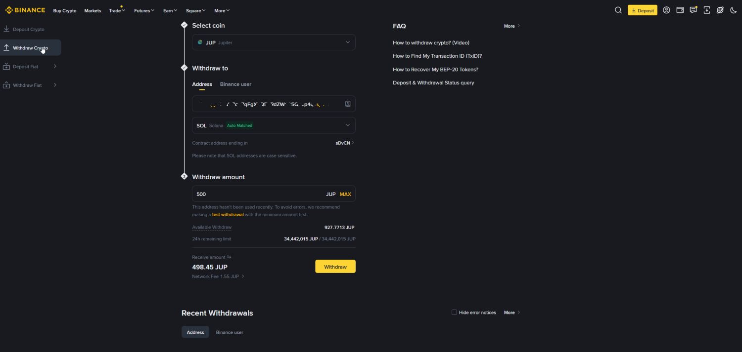 Enter wallet address on Binance withdrawal screen